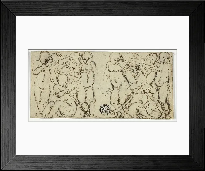 Framed Print : Two Decorative Groups of Putti with Trumpets and Fruit, n.d. Creator: Unknown Framed Print : Two Decorative Groups of Putti with Trumpets and Fruit, n.d. Creator: Unknown