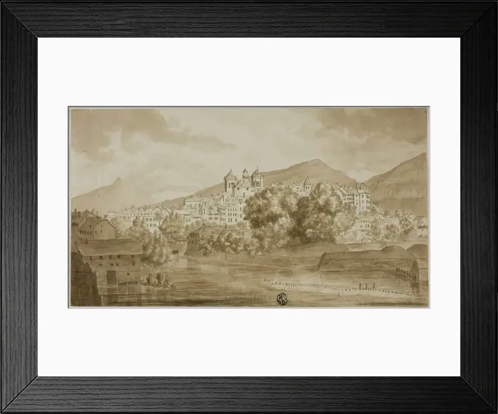Framed Print : View of Town Overlooking River, n.d. Creator: Unknown Framed Print : View of Town Overlooking River, n.d. Creator: Unknown