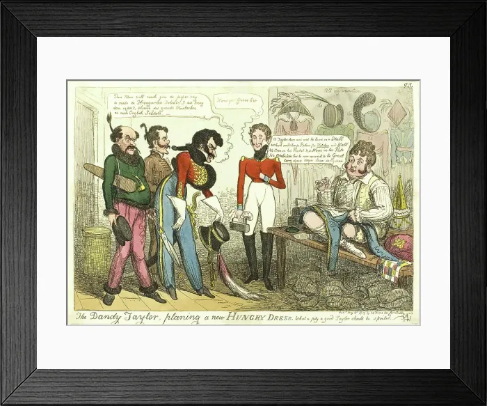 Framed Print : The Dandy Tailor, Planing a New Hungry Dress, published May 15, 1819. Creator: Isaac Robert Cruikshank Framed Print : The Dandy Tailor, Planing a New Hungry Dress, published May 15, 1819. Creator: Isaac Robert Cruikshank