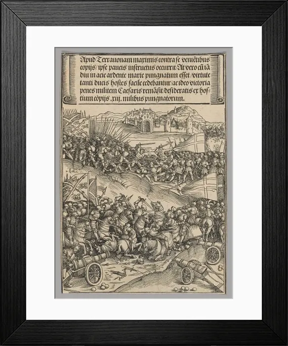 Framed Print : Battle of Guinegate, plate 4 from Historical Scenes from the Life of Emperor... printed c. 1520. Creator: Wolf Traut Framed Print : Battle of Guinegate, plate 4 from Historical Scenes from the Life of Emperor... printed c. 1520. Creator: Wolf Traut