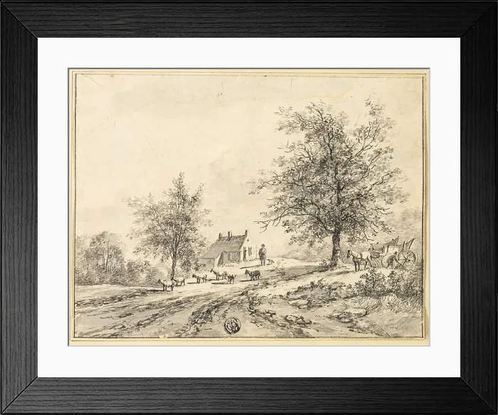 Framed Print : Goatherd, Goats on Road near Carriage and House, n.d. Creator: Bruno van Straaten Framed Print : Goatherd, Goats on Road near Carriage and House, n.d. Creator: Bruno van Straaten