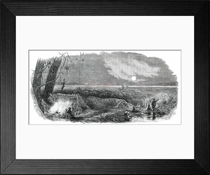 Framed Print : Panorama of New Zealand - Bivouack of Surveyors, 1850. Creator: Unknown Framed Print : Panorama of New Zealand - Bivouack of Surveyors, 1850. Creator: Unknown