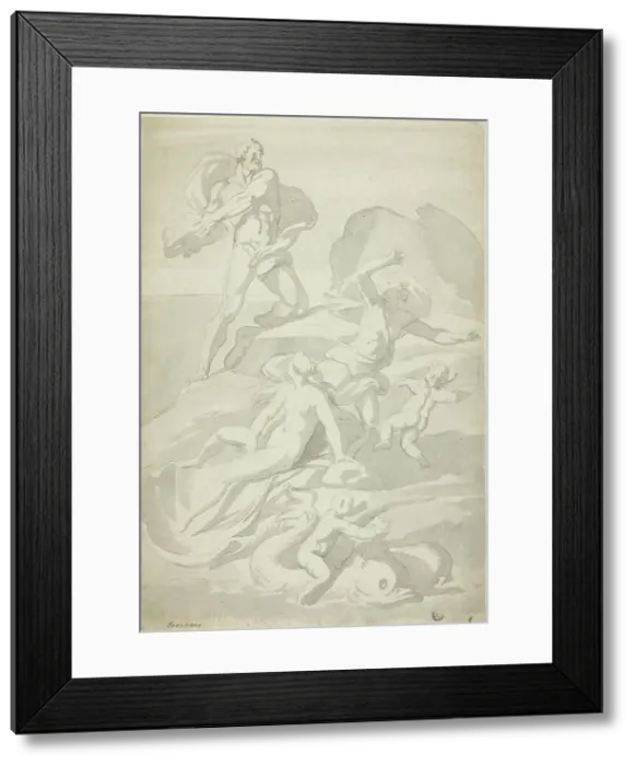 Framed Print : Polyphemus Throwing Boulder at Acis, with Galatea (recto), and Pholyphemus Lifting Boulder (verso). Creator: William Taverner Framed Print : Polyphemus Throwing Boulder at Acis, with Galatea (recto), and Pholyphemus Lifting Boulder (verso). Creator: William Taverner