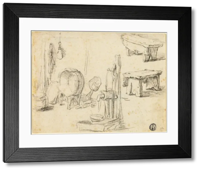 Framed Print : Sketches of Pump, Washtub, Benches, n.d. Creator: Unknown Framed Print : Sketches of Pump, Washtub, Benches, n.d. Creator: Unknown