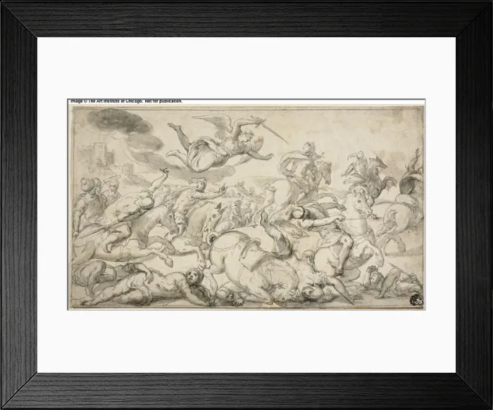 Framed Print : Battle Scene with Horsemen Fleeing from Avenging Angel, c. 1650. Creator: Dirck Hals Framed Print : Battle Scene with Horsemen Fleeing from Avenging Angel, c. 1650. Creator: Dirck Hals