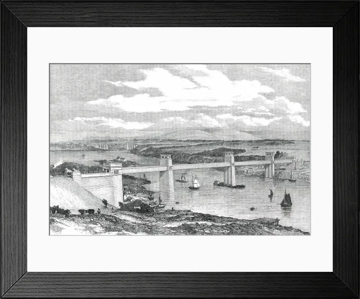 Framed Print : The Britannia Tubular Bridge across the Menai Straits - sketched from the Anglesey Shore, 1850. Creator: Unknown Framed Print : The Britannia Tubular Bridge across the Menai Straits - sketched from the Anglesey Shore, 1850. Creator: Unknown