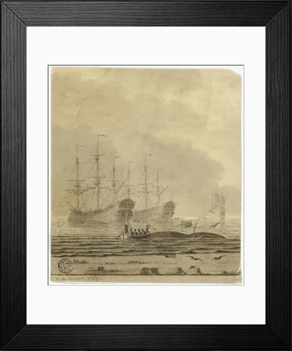 Framed Print : Whaling Ships and Small Boats with Whale, 1769. Creator: Cornelis Ouboter van der Grient Framed Print : Whaling Ships and Small Boats with Whale, 1769. Creator: Cornelis Ouboter van der Grient