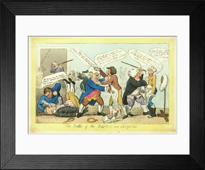 Framed Print : Battle of Barbers and Surgeons, published August 14, 1797. Creator: Isaac Cruikshank Framed Print : Battle of Barbers and Surgeons, published August 14, 1797. Creator: Isaac Cruikshank