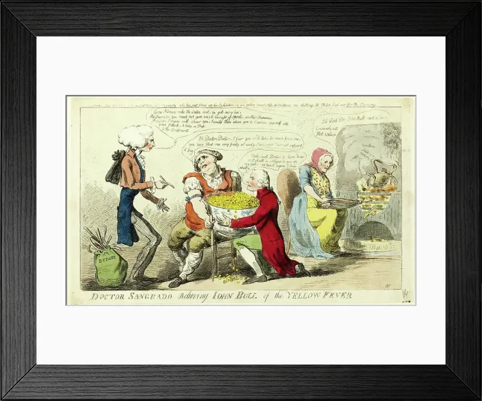 Framed Print : Dr. Sangrado Relieving John Bull of Yellow Fever, published February 25, 1795. Creator: Isaac Cruikshank Framed Print : Dr. Sangrado Relieving John Bull of Yellow Fever, published February 25, 1795. Creator: Isaac Cruikshank