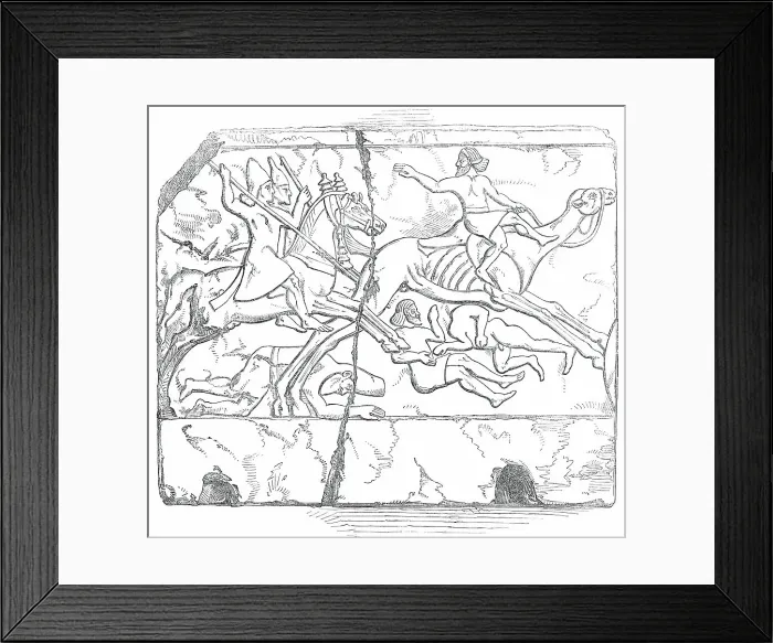 Framed Print : Nimroud Sculptures...Flight of an Arab Mounted upon a Camel, 1850. Creator: Unknown Framed Print : Nimroud Sculptures...Flight of an Arab Mounted upon a Camel, 1850. Creator: Unknown