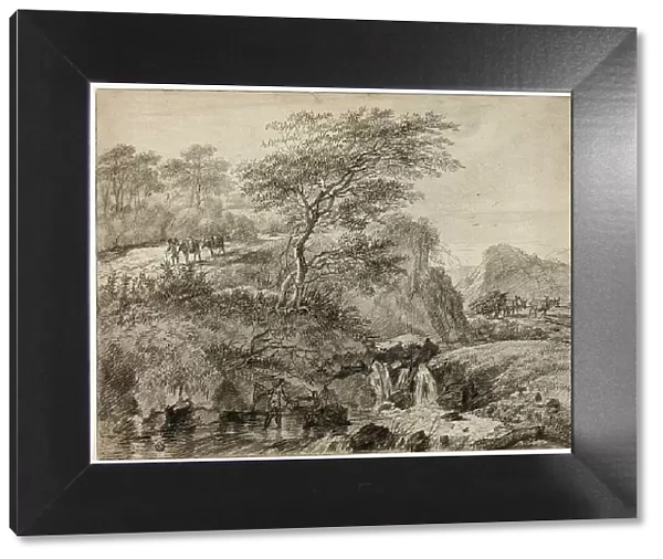 Hilly Landscape with Figures Beside Waterfall, 1785. Creator: Gerard van Nijmegen