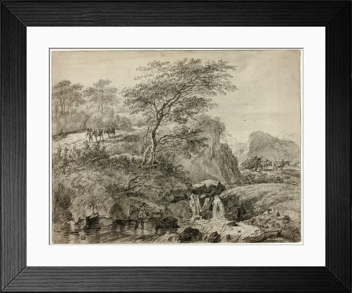 Framed Print : Hilly Landscape with Figures Beside Waterfall, 1785. Creator: Gerard van Nijmegen Framed Print : Hilly Landscape with Figures Beside Waterfall, 1785. Creator: Gerard van Nijmegen