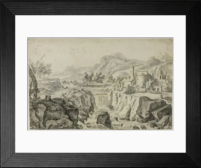 Framed Print : Italianate Landscape with Waterfall and Buildings, n.d. Creator: Gerit Rademaker Framed Print : Italianate Landscape with Waterfall and Buildings, n.d. Creator: Gerit Rademaker