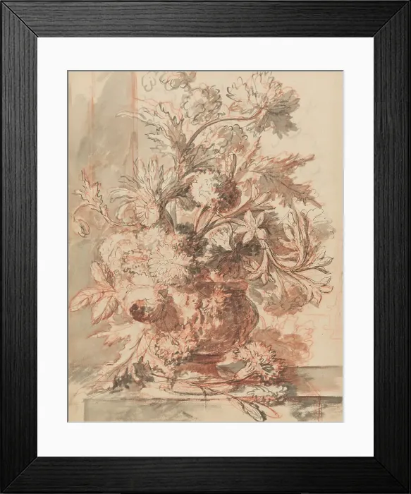 Framed Print : Flowers in an Urn Decorated with Putti, on a Plinth, early 18th century. Creator: Jan van Huysum Framed Print : Flowers in an Urn Decorated with Putti, on a Plinth, early 18th century. Creator: Jan van Huysum