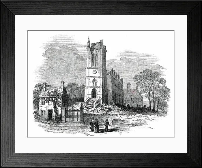 Framed Print : King's Norton Church, Leicestershire, Struck by Lightning, 1850. Creator: Unknown Framed Print : King's Norton Church, Leicestershire, Struck by Lightning, 1850. Creator: Unknown