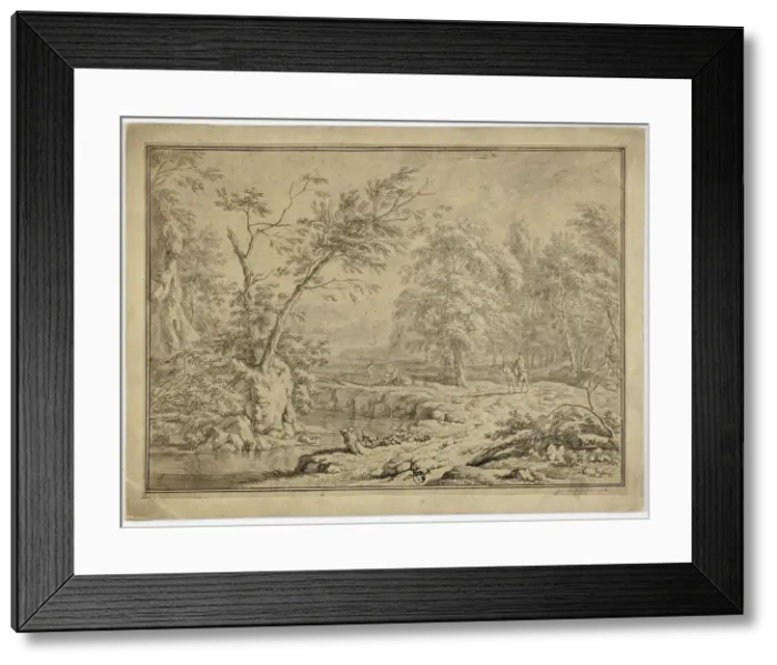 Framed Print : Landscape with Shepherds by River and Man on Horseback, n.d. Creator: Jan van Huysum Framed Print : Landscape with Shepherds by River and Man on Horseback, n.d. Creator: Jan van Huysum