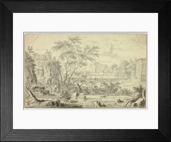 Framed Print : Italianate Landscape with Shepherd and Flock by Stream, Town in the Distance, n.d. Creator: Jan van Huysum Framed Print : Italianate Landscape with Shepherd and Flock by Stream, Town in the Distance, n.d. Creator: Jan van Huysum