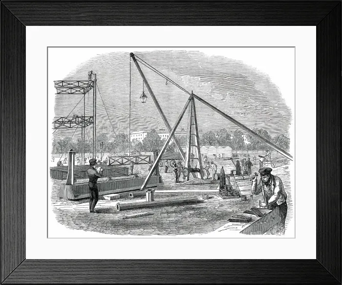 Framed Print : The Great Exhibition Building in Hyde Park - Unloading Girders, 1850. Creator: Unknown Framed Print : The Great Exhibition Building in Hyde Park - Unloading Girders, 1850. Creator: Unknown