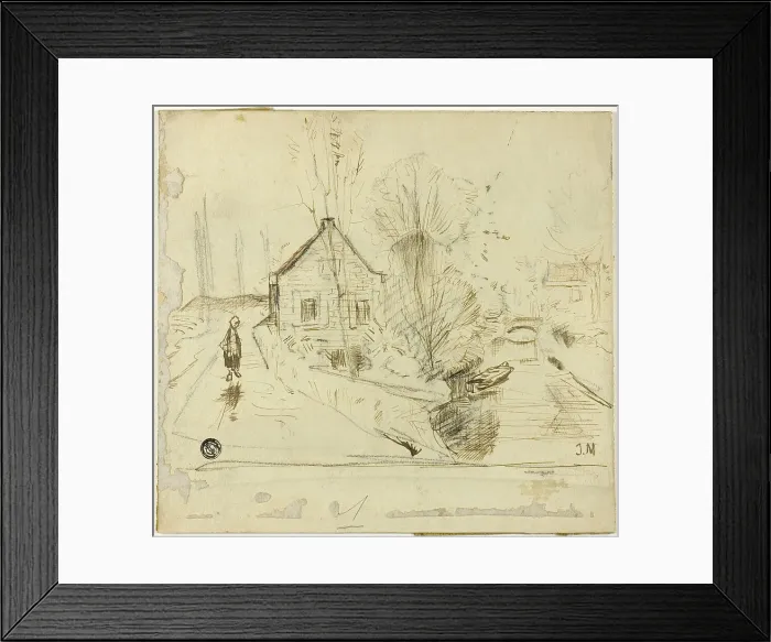 Framed Print : Figure on Road by House and Canal, n.d. Creator: Unknown Framed Print : Figure on Road by House and Canal, n.d. Creator: Unknown