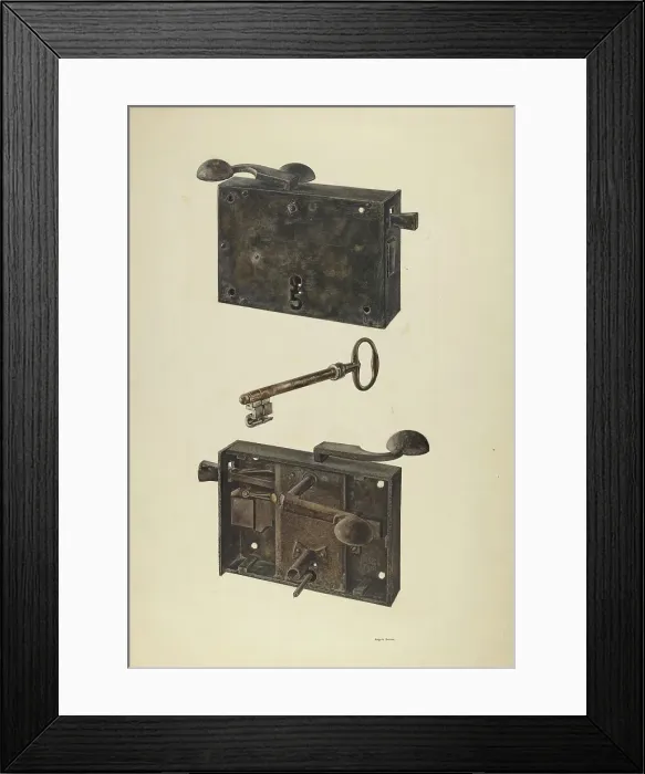 Framed Print : Zoar Lock w / Key, c. 1938. Creator: Angelo Bulone Framed Print : Zoar Lock w / Key, c. 1938. Creator: Angelo Bulone