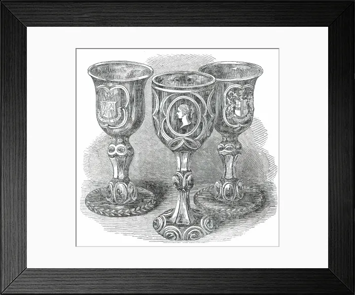 Framed Print : The Banquet in the Guildhall at York - Cups used by the Lord Mayor... 1850. Creator: Unknown Framed Print : The Banquet in the Guildhall at York - Cups used by the Lord Mayor... 1850. Creator: Unknown