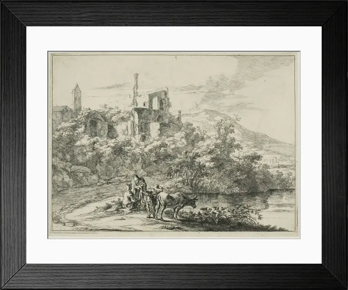 Framed Print : Landscape with Ruins and Two Cows at the Waterside, from a series of four horizontal... 1645 / 50. Creator: Jan Dirksz Both Framed Print : Landscape with Ruins and Two Cows at the Waterside, from a series of four horizontal... 1645 / 50. Creator: Jan Dirksz Both