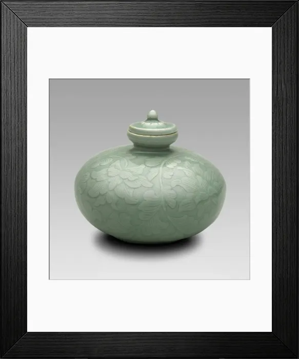 Framed Print : Covered Oil Bottle with Flowering Lotus and Scrolling Leaves, North Korea, Goryeo... 12th century. Creator: Unknown Framed Print : Covered Oil Bottle with Flowering Lotus and Scrolling Leaves, North Korea, Goryeo... 12th century. Creator: Unknown