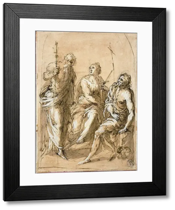 Framed Print : Saint Justina of Padua Enthroned, with Saints James the Less and John the Baptist, 1600 / 05. Creator: Jacopo Palma Framed Print : Saint Justina of Padua Enthroned, with Saints James the Less and John the Baptist, 1600 / 05. Creator: Jacopo Palma