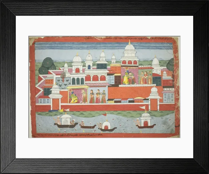 Framed Print : Rukmini Seeks Krishna's Permission to Visit her Brother Rukma, page from a manuscript... c.1775. Creator: Unknown Framed Print : Rukmini Seeks Krishna's Permission to Visit her Brother Rukma, page from a manuscript... c.1775. Creator: Unknown