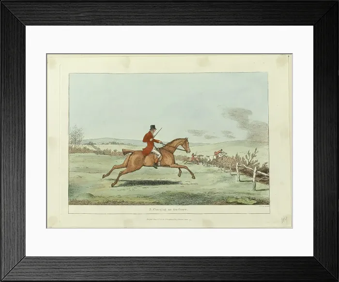 Framed Print : Charging an Ox-fence, plate three from Indispensable Accomplishments, published June 24, 1811. Creator: Robert Frankland Framed Print : Charging an Ox-fence, plate three from Indispensable Accomplishments, published June 24, 1811. Creator: Robert Frankland