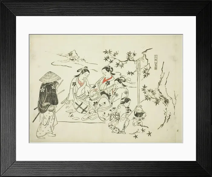 Framed Print : Heating Sake with Maple Leaves (Kanzake momijigari), no. 9 from a series of 12 prints... c.1716 / 35. Creator: Okumura Masanobu Framed Print : Heating Sake with Maple Leaves (Kanzake momijigari), no. 9 from a series of 12 prints... c.1716 / 35. Creator: Okumura Masanobu