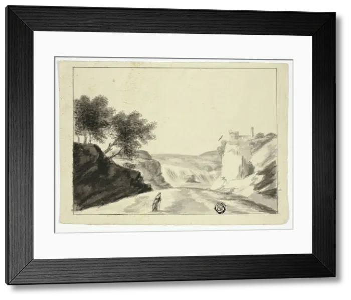 Framed Print : Draped Figure in Landscape with Castle on a Cliff, n.d. Creator: Unknown Framed Print : Draped Figure in Landscape with Castle on a Cliff, n.d. Creator: Unknown