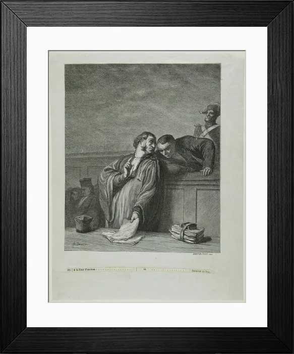 Framed Print : À la cour d'assises: L'avocat, debout, s'entretenant avec l'accusé, 1878. Creator: Burn Smeeton