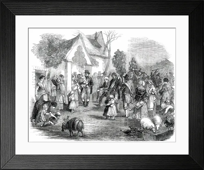 Framed Print : Hunting the Wren at Christmas - Procession of the Wren Bush and Wren Boys, 1850. Creator: Unknown Framed Print : Hunting the Wren at Christmas - Procession of the Wren Bush and Wren Boys, 1850. Creator: Unknown
