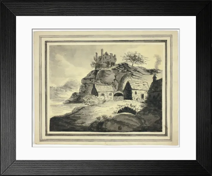 Framed Print : Farm with Overhanging Rock and Castle, n.d. Creator: Unknown Framed Print : Farm with Overhanging Rock and Castle, n.d. Creator: Unknown
