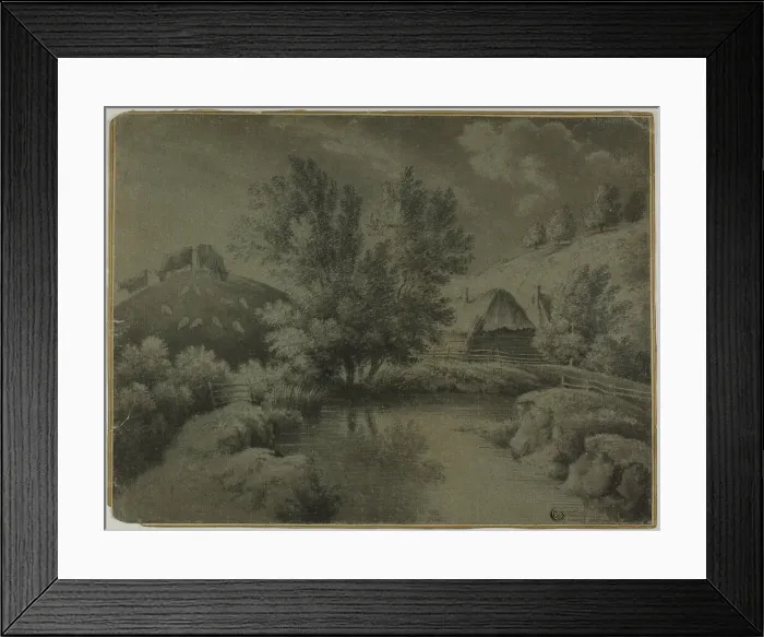 Framed Print : Farm with Pond in Foreground, Cows Grazing on Hill, n.d. Creator: Unknown Framed Print : Farm with Pond in Foreground, Cows Grazing on Hill, n.d. Creator: Unknown