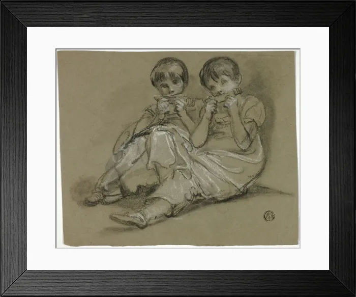 Framed Print : Two Girls Playing on Combs (recto); Sketch of Seated Woman with Fragment of Another... c. 1790. Creators: Thomas Barker, Thomas Jones Barker Framed Print : Two Girls Playing on Combs (recto); Sketch of Seated Woman with Fragment of Another... c. 1790. Creators: Thomas Barker, Thomas Jones Barker