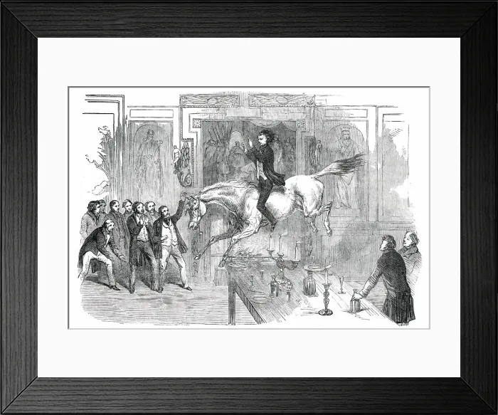Framed Print : Daring Leap in the Dining-Room of the White Hart Hotel, Aylesbury, 1850. Creator: Unknown Framed Print : Daring Leap in the Dining-Room of the White Hart Hotel, Aylesbury, 1850. Creator: Unknown