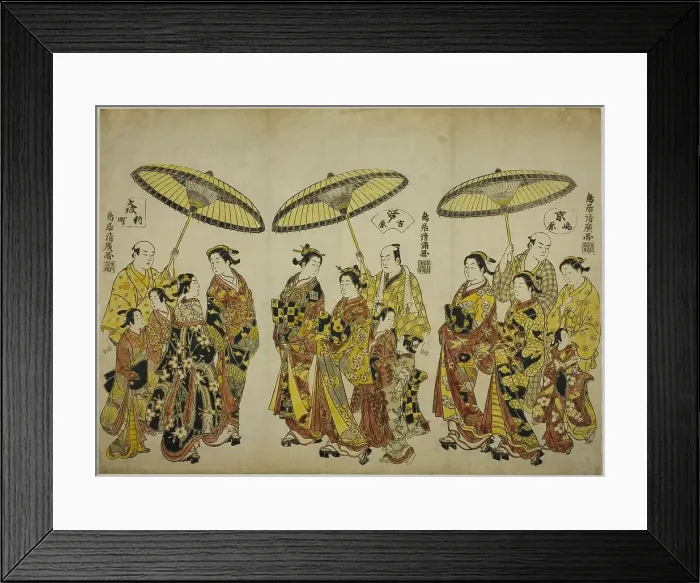 Framed Print : Beauties of the Three Capitals: Shimabara in Kyoto (right), Yoshiwara in Edo (center)... c. 1755. Creator: Torii Kiyohiro Framed Print : Beauties of the Three Capitals: Shimabara in Kyoto (right), Yoshiwara in Edo (center)... c. 1755. Creator: Torii Kiyohiro