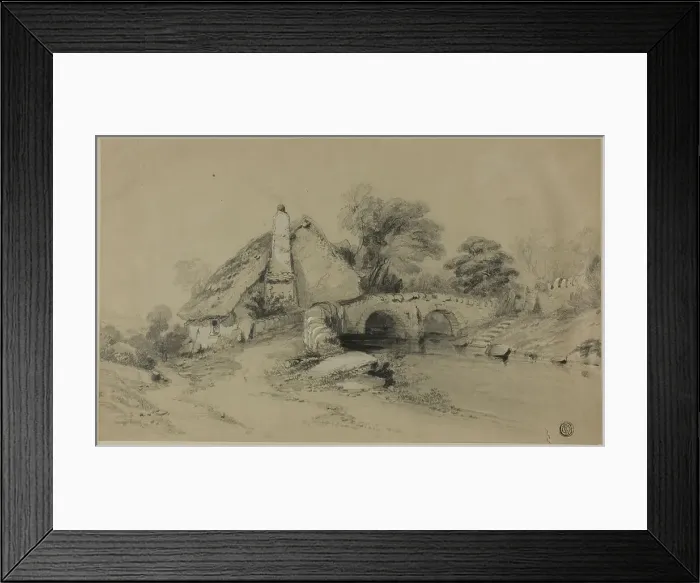 Framed Print : Farm with Thatched Roof Near Stone Bridge, n.d. Creator: Unknown Framed Print : Farm with Thatched Roof Near Stone Bridge, n.d. Creator: Unknown