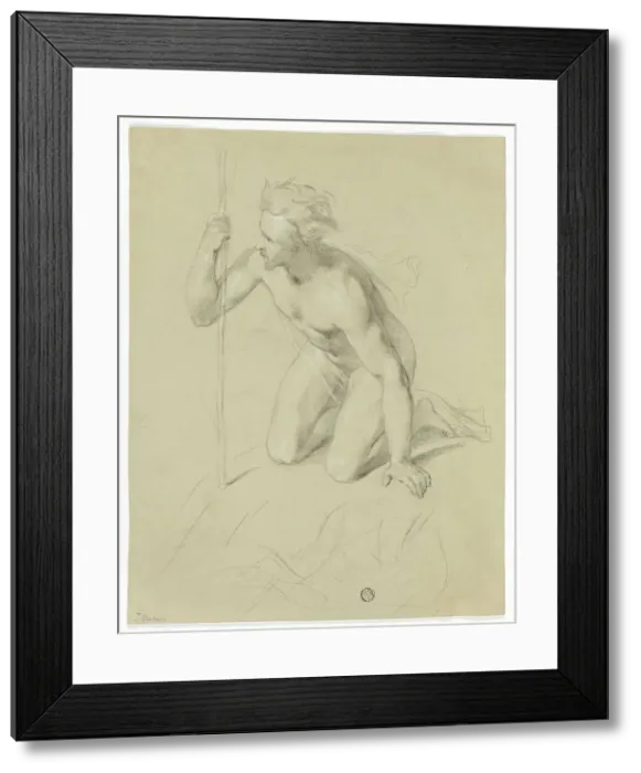 Framed Print : Nude Man Kneeling, Holding Staff (recto); Alpine Panorama (verso), n.d. Creator: Thomas Uwins Framed Print : Nude Man Kneeling, Holding Staff (recto); Alpine Panorama (verso), n.d. Creator: Thomas Uwins