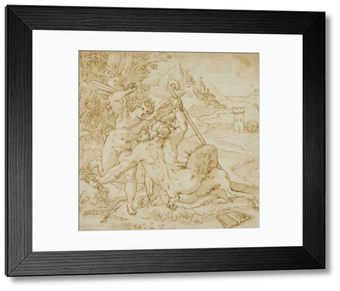 Framed Print : Cupid Overcoming Pan, n.d. Creator: Orazio Samacchini Framed Print : Cupid Overcoming Pan, n.d. Creator: Orazio Samacchini