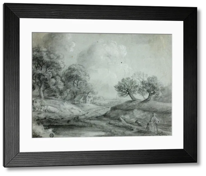 Framed Print : Landscape with Woman and Cows (recto); Sketch of a Landscape (verso), n.d. Creators: Richard Wilson, Thomas Morro Framed Print : Landscape with Woman and Cows (recto); Sketch of a Landscape (verso), n.d. Creators: Richard Wilson, Thomas Morro