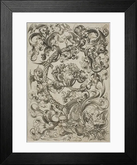 Framed Print : Ornament with Owl Mocked by Day Birds, c.1480. Creator: Master FVB Framed Print : Ornament with Owl Mocked by Day Birds, c.1480. Creator: Master FVB