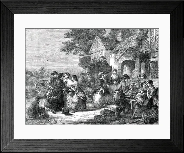 Framed Print : The Arrival of the Coach - a Roadside Inn a Century Ago - painted by T. F. Marshall, 1850. Creator: Unknown Framed Print : The Arrival of the Coach - a Roadside Inn a Century Ago - painted by T. F. Marshall, 1850. Creator: Unknown