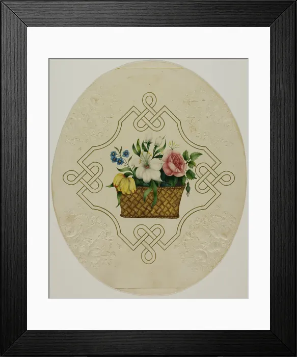 Framed Print : Basket of Flowers in Printed Embossed Borders, n.d. Creator: Unknown