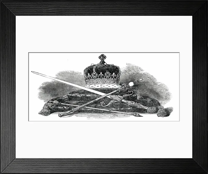 Framed Print : Regalia of Scotland: Crown Sceptre, Sword, and Lord Treasurer's Rod, 1850. Creator: Unknown Framed Print : Regalia of Scotland: Crown Sceptre, Sword, and Lord Treasurer's Rod, 1850. Creator: Unknown