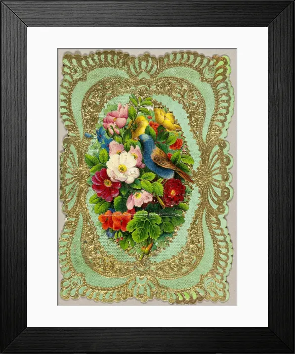 Framed Print : Untitled Valentine (Flowers and Bird), c.1860. Creator: Unknown Framed Print : Untitled Valentine (Flowers and Bird), c.1860. Creator: Unknown