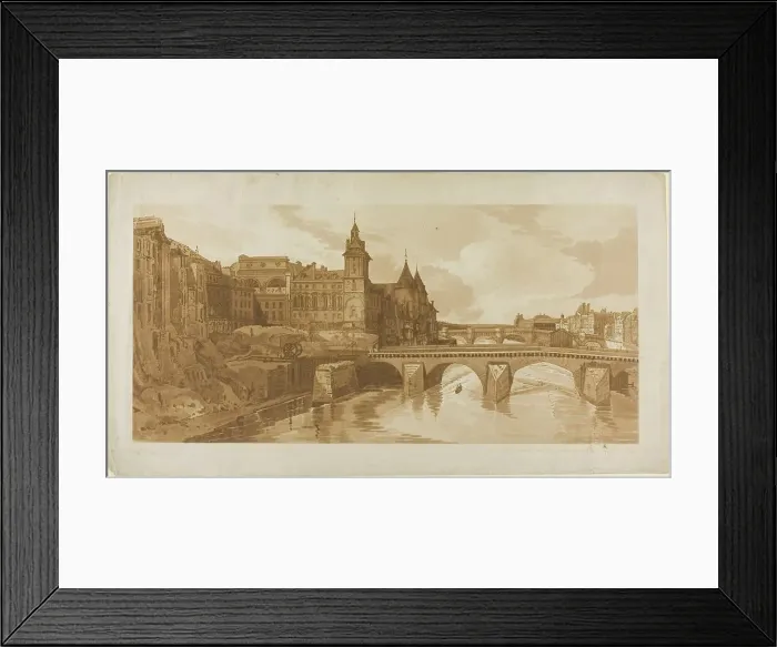 Framed Print : View of Pont au Change, the City Theatre, Pont Neuf, Conciergerie Prison, etc... July 12, 1802. Creator: Thomas Girtin Framed Print : View of Pont au Change, the City Theatre, Pont Neuf, Conciergerie Prison, etc... July 12, 1802. Creator: Thomas Girtin