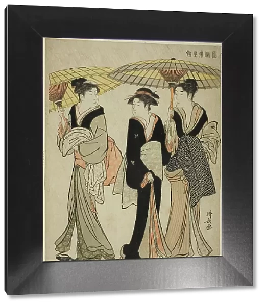 Under Umbrellas in a Shower, from the series 'A Brocade of Eastern Manners (Fuzoku...', c1783 / 84. Creator: Torii Kiyonaga. Under Umbrellas in a Shower, from the series 'A Brocade of Eastern Manners (Fuzoku...', c1783 / 84)
